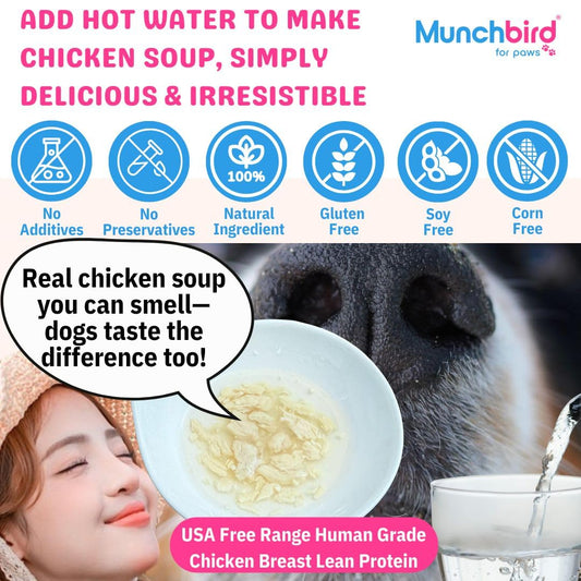 Munchbird USA Free Range Human Grade Chicken Breast Food Topper for Dogs, Freeze-Dried, High Protein Low Fat, Grain Free, Makes Chicken Soup