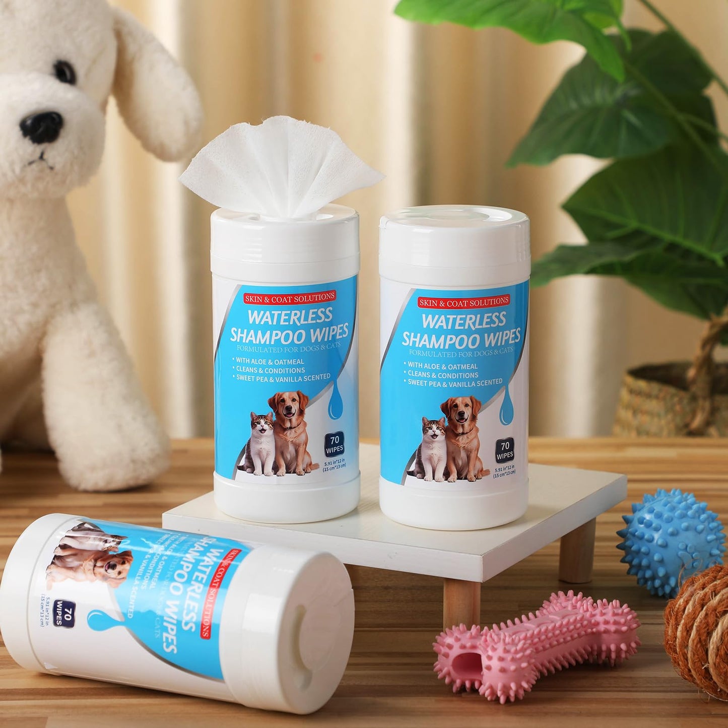 Threlaco 3 Pcs 210 Count Waterless Shampoo Wipes for Dogs Cats 5.91 x 5.12 Inches Dry Pet Bath Cleaning Wipes Safe Disposable for Puppy Cat Cleaning Fur, Deodorizing, Grooming, Sweet Pea Vanilla