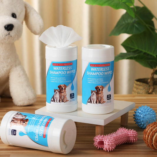 Threlaco 3 Pcs 210 Count Waterless Shampoo Wipes for Dogs Cats 5.91 x 5.12 Inches Dry Pet Bath Cleaning Wipes Safe Disposable for Puppy Cat Cleaning Fur, Deodorizing, Grooming, Sweet Pea Vanilla