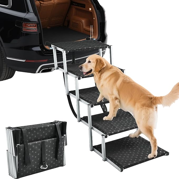 Saker Foldable Dog Ramp for Cars, SUVs, Trucks, Portable Pet Dog Stairs for Large Dogs with Non-Slip Surface & Reinforced Design, Lightweight Yet Sturdy Supports Up to 200lbs