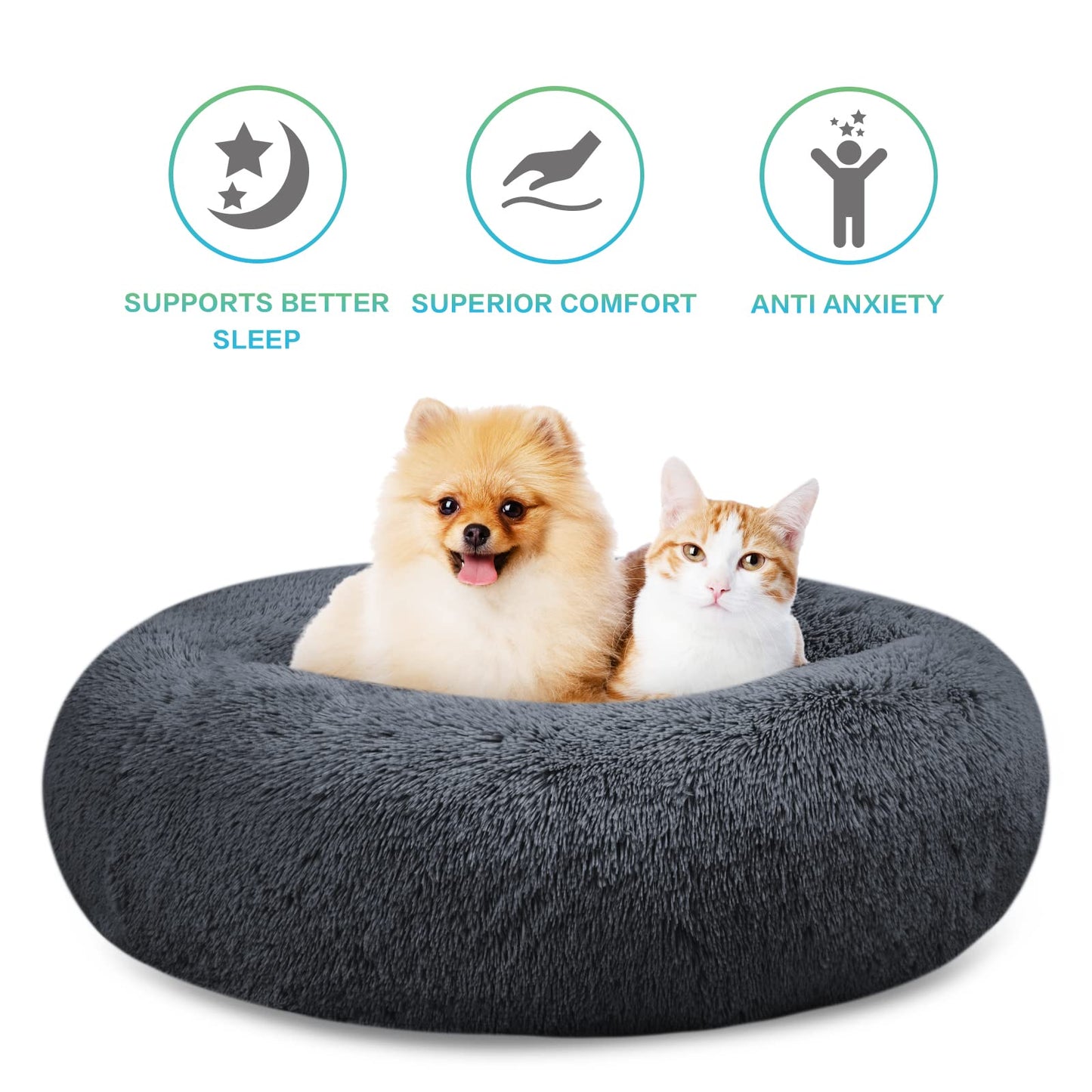SAVFOX Plush Calming Donut Dog Beds for Small Dogs, Medium, Large & X-Large Breeds, Comfy Cuddler Dog Bed and Cat Bed in Faux Fur, Washable, Multiple Sizes S-XXL