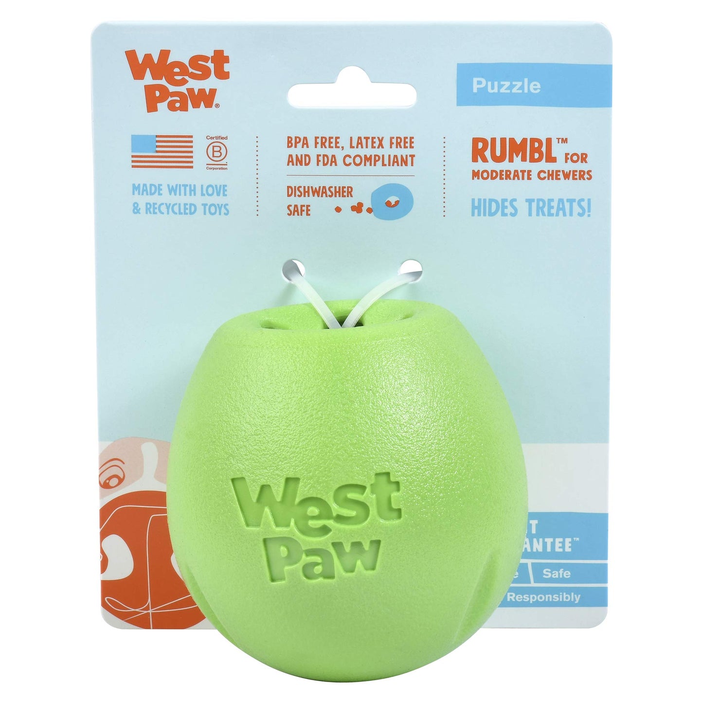 WEST PAW Zogoflex Rumbl Treat-Dispensing Dog Toy – Interactive Slow-Feeder Chew Toy for Dogs – Dog Enrichment Toy – for Moderate Chewers, Fetch, Catch – Holds Kibble, Treats (Jungle Green, Small)