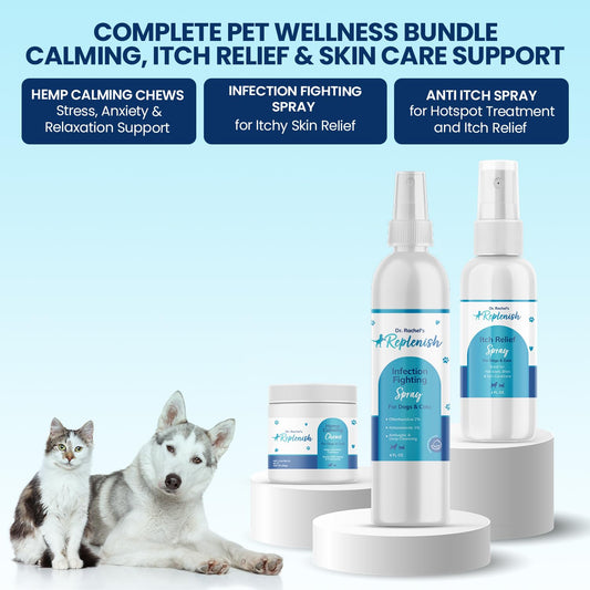 Replenish Calm & Relax Pet Care Bundle – Skin Soothing Spray, Itch Relief Spray & Hemp Calming Chews for Dogs – Natural Relief for Dry Skin, Hot Spots, Itching & Stress Support