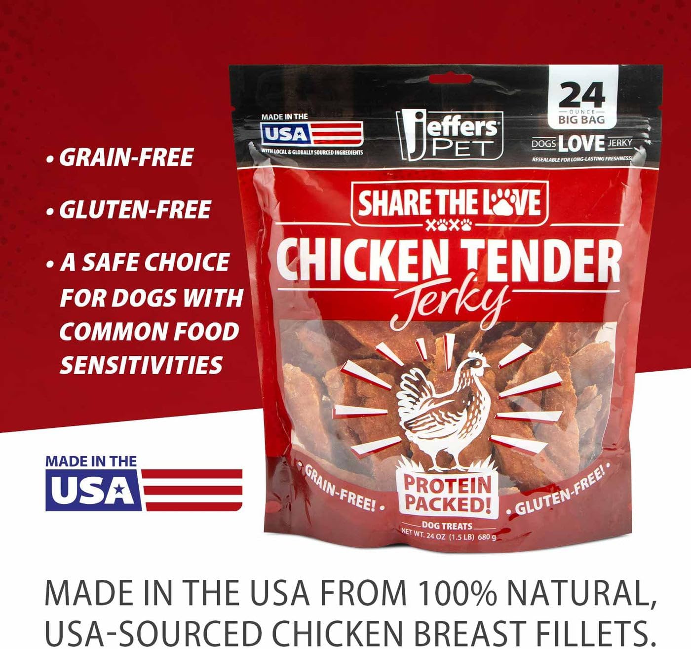 Jeffers Pet Chicken Jerky Dog Treats 24 oz – Chicken Breast Tenders for Small & Large Dogs, Natural High Protein Grain Free Snacks for Training or Chewing, USA Made, Limited Ingredient Soft Strips
