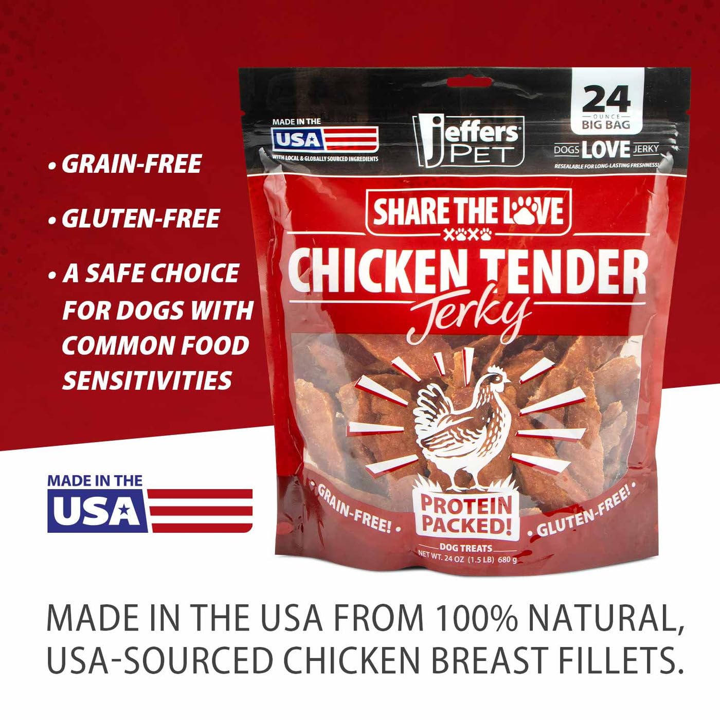 Jeffers Pet Chicken Jerky Dog Treats 24 oz – Chicken Breast Tenders for Small & Large Dogs, Natural High Protein Grain Free Snacks for Training or Chewing, USA Made, Limited Ingredient Soft Strips