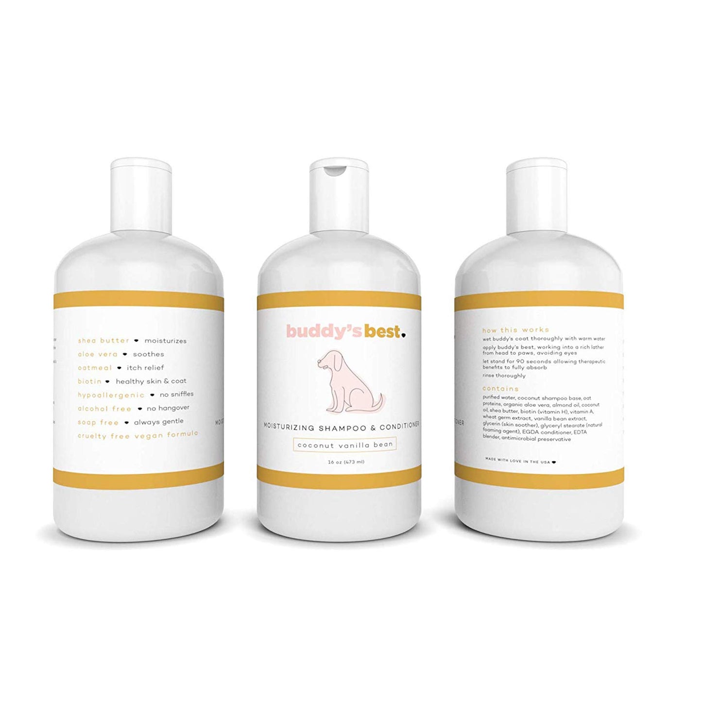 Buddy's Best Dog Shampoo for Smelly Dogs - Dog Shampoo and Conditioner for Dry and Sensitive Skin - Moisturizing Puppy Wash Shampoo, Coconut Vanilla Bean Scent, 16oz