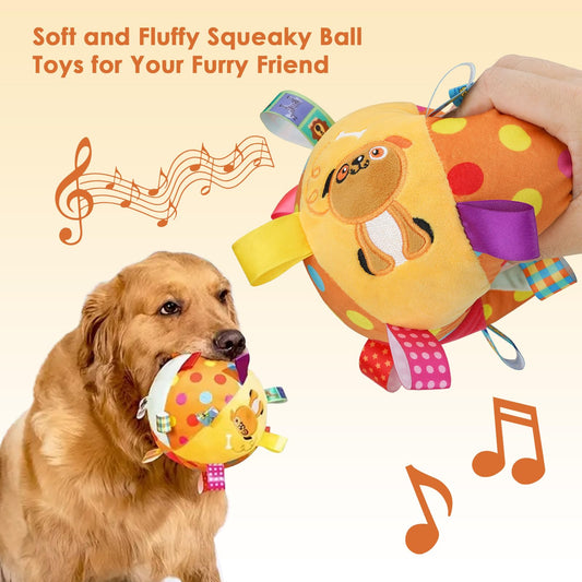 Letalong Dog Squeaky Plush Toy with Straps, 6-Inch Soft Stuffed Ball with Cotton Material and Bell Built-in, Pet Interactive Fetch Toy for Small to Large Dog