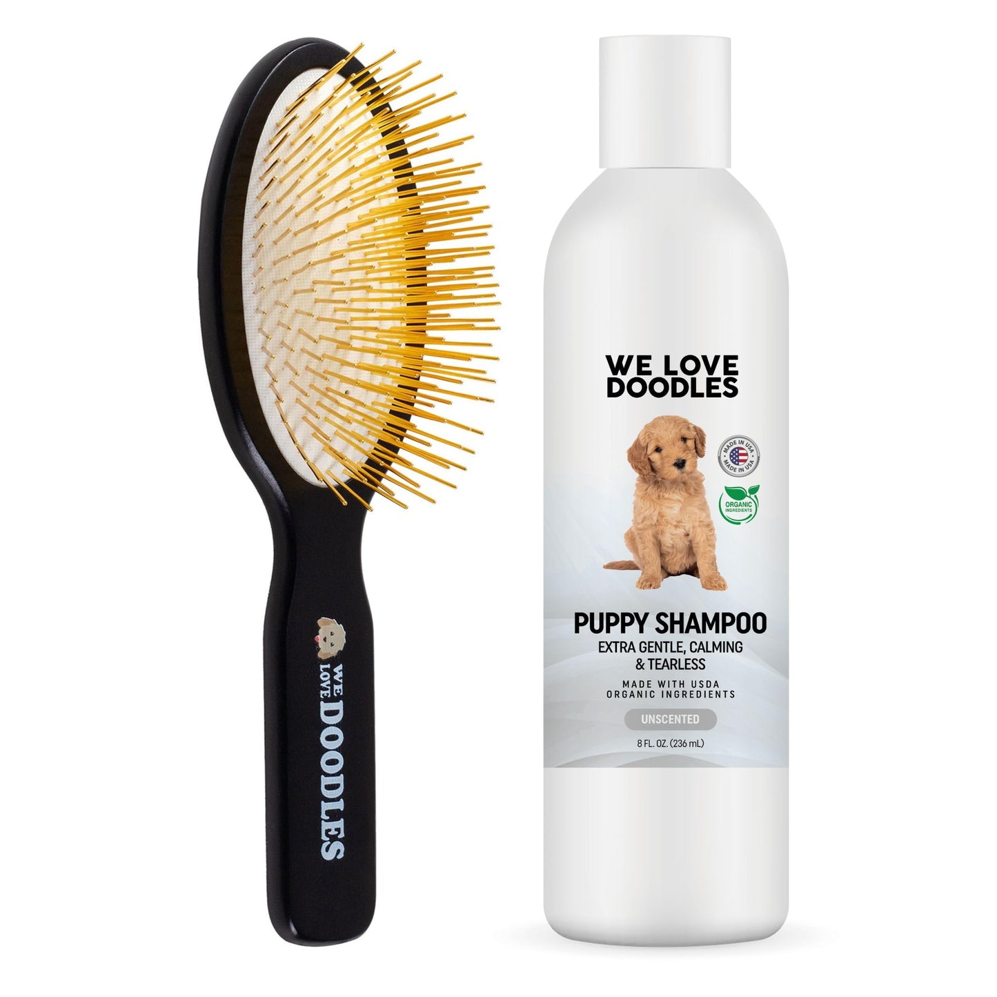 We Love Doodles Puppy Shampoo & Conditioner and Pin Brush | Oatmeal Bathing | Sensitive & Itchy Skin Wash | Brush for Grooming Pet Hair | Brush for Shedding and Removing Loose Fur | Made in USA