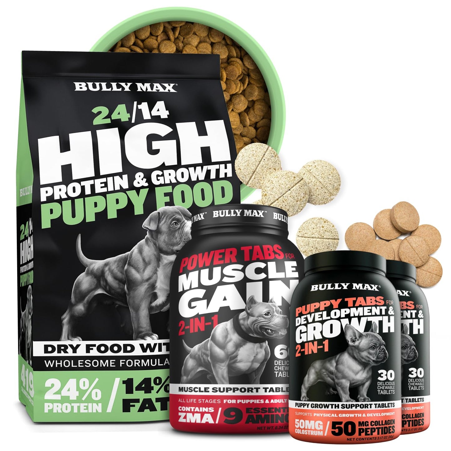 Bully Max Puppy Development Bundle: High-Protein Lamb Puppy Food (5lb), 2-in-1 Vitamin Tabs (2 Bottles) & Power Tabs (60ct) for Muscle - Supports Growth, Immunity, Digestion & Training for All Breeds