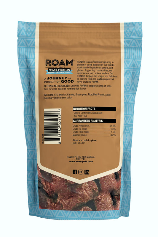 ROAM Pet Treats Ossy Exotic Dog Topper - Single Protein, Sustainably Raised Ostrich Meat Dog Food Topper - Non-GMO Ostrich Dog Treat 4 Ounce