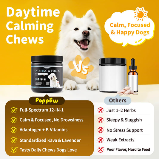 POPPAW Calming Chews for Dogs – 12-in-1 Dog Calming Treats with Herbal & Vitamins, Relaxation, Focus & Behavior Support for Anxiety, Separation, Barking, Travel, Stress, Upgraded Bacon Flavor, 90 Ct