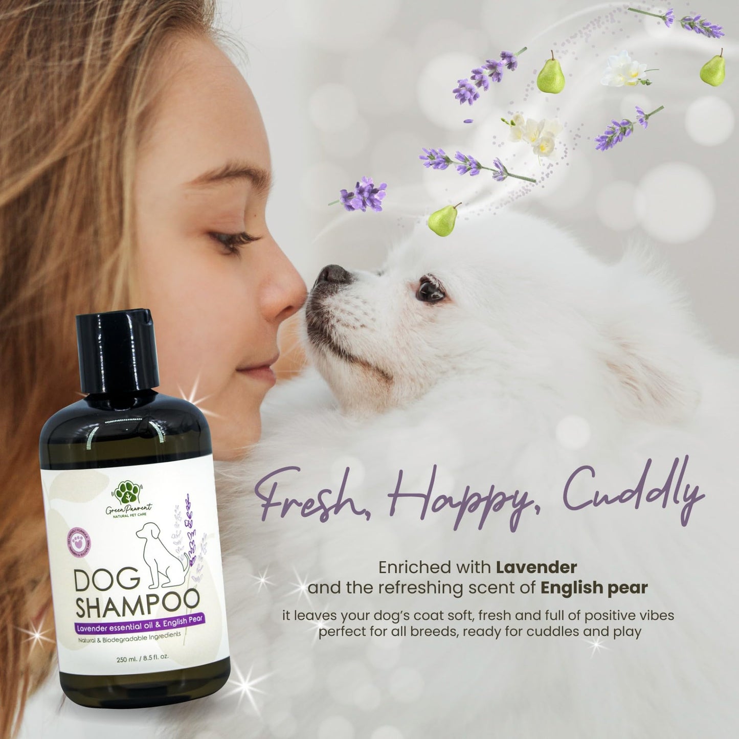 GreenPawrent- Lavender Essential Oil & English Pear Pet Shampoo for Dogs - Sensitive Dog Skin Care for All Breeds. Odor Control & Deep Cleansing - No Paraben No Sulfate & Safe for All Pets - 8.5fl oz