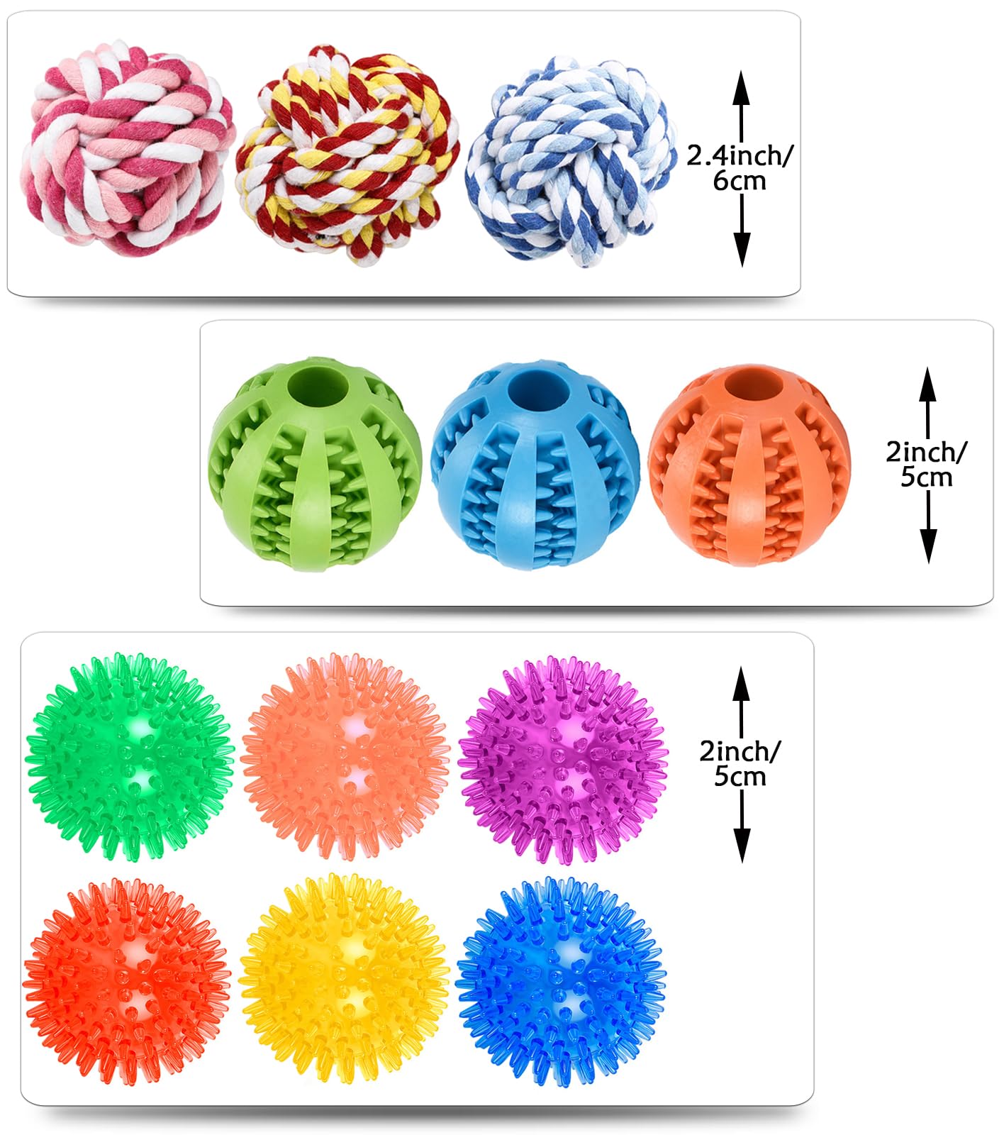 Dog Toy Balls for Small Dogs, 12 Pack Interactive Dog Toys for Small Breed 0-15 lbs, Includes Rubber, Squeak & Rope Balls