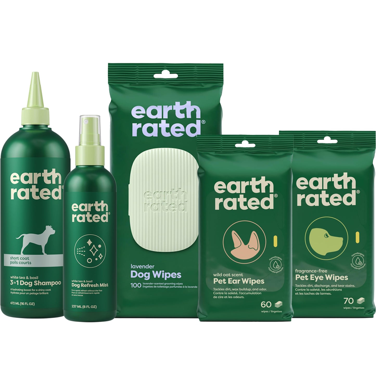 Earth Rated Short Coat Essentials - Dog Shampoo, Grooming Wipes & Refresh Mist, Ear Wipes, Eye Wipes