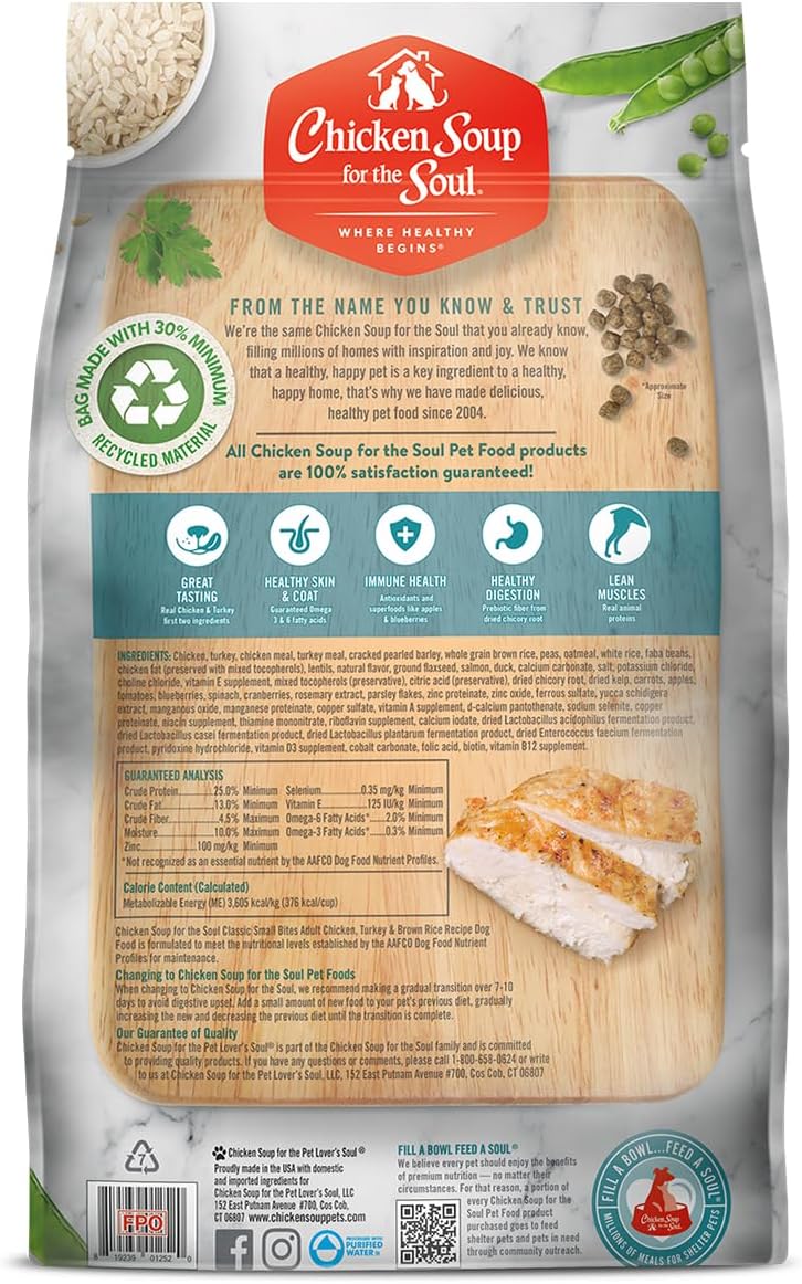 Chicken Soup for The Soul All Natural Premium Small Bites Adult Dry Dog Food, Real Meat First Ingredient, No by-Products, Supports Gut & Immune Health, Chicken, Turkey & Brown Rice, 13.5lb