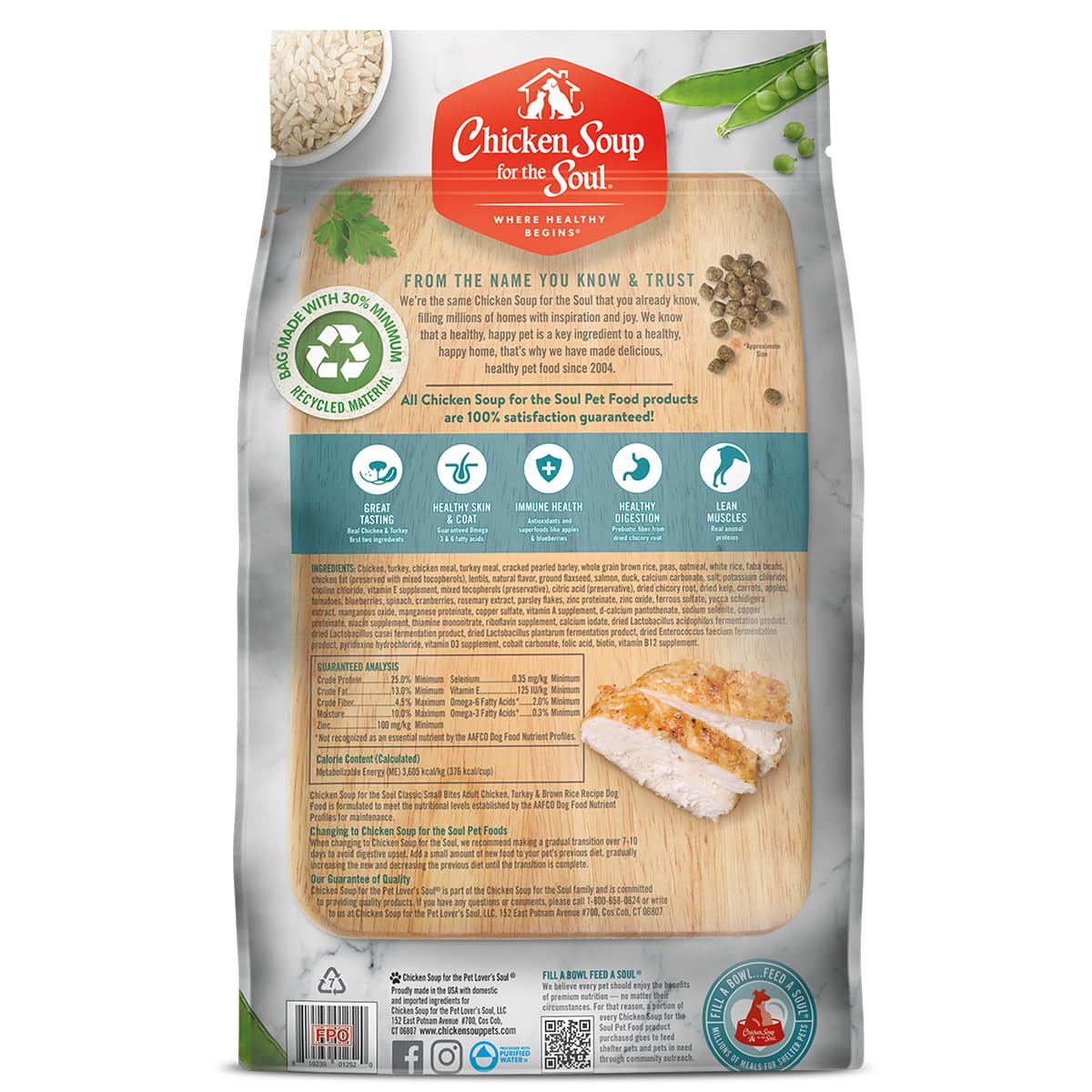 Chicken Soup for The Soul All Natural Premium Small Bites Adult Dry Dog Food, Real Meat First Ingredient, No by-Products, Supports Gut & Immune Health, Chicken, Turkey & Brown Rice, 13.5lb