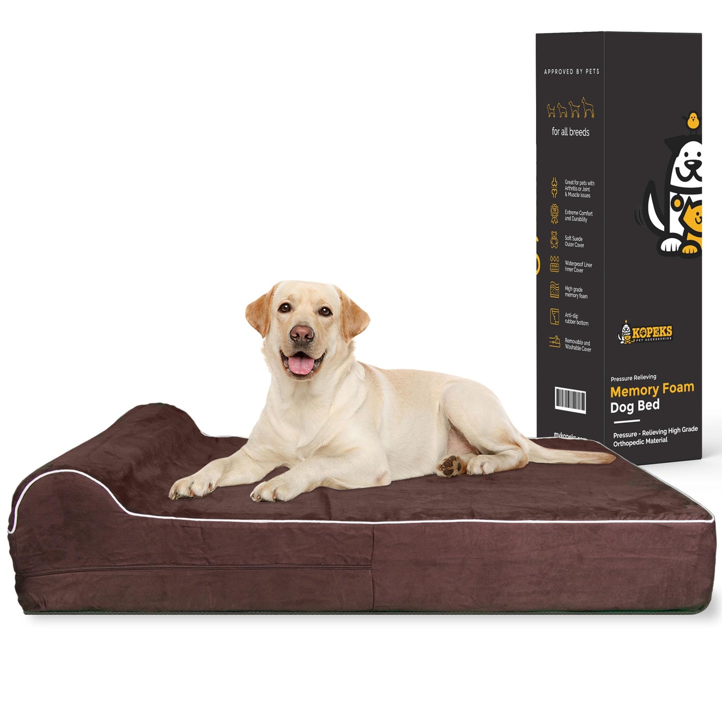 KOPEKS Orthopedic Memory Foam Dog Bed 7" Inch Thick Extra Large Dog Bed With Pillow Brown 50"x34"x10" Includes Waterproof Liner & Durable Removable Cover With Smart Design