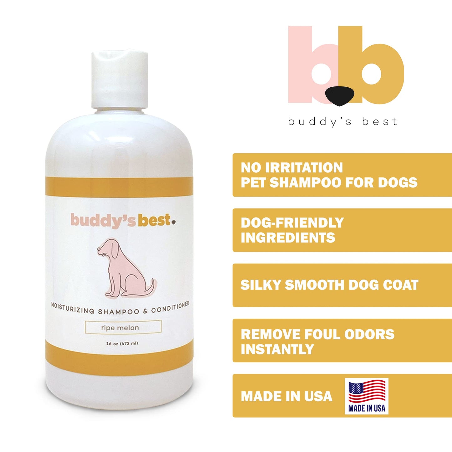 Buddy's Best Dog Shampoo for Smelly Dogs - Dog Shampoo and Conditioner for Dry and Sensitive Skin - Moisturizing Puppy Wash Shampoo, Ripe Melon Scent, 16oz