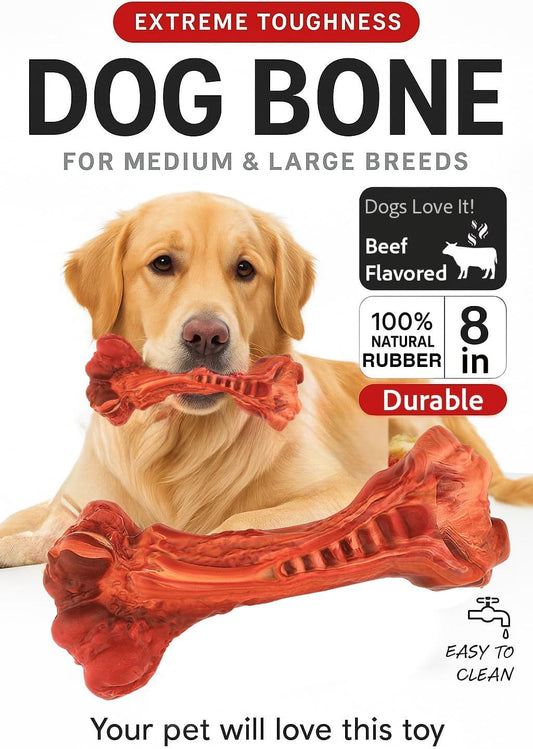 Paws Power Dog Chew Toy - Natural Rubber Dog Toy, Beef Flavor – Dog Toys for Medium & Large Dogs - Bone-Shaped Chew for Dental Health - Indoor and Outdoor Play