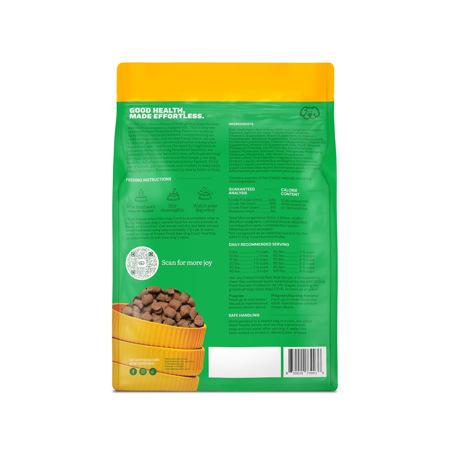 Get Joy Freeze Dried Raw Beef Dog Food, High Protein Grain Free Meal, Topper & Treat, Gut Health Support with Probiotics, Small to Large Breed, 16oz Bag