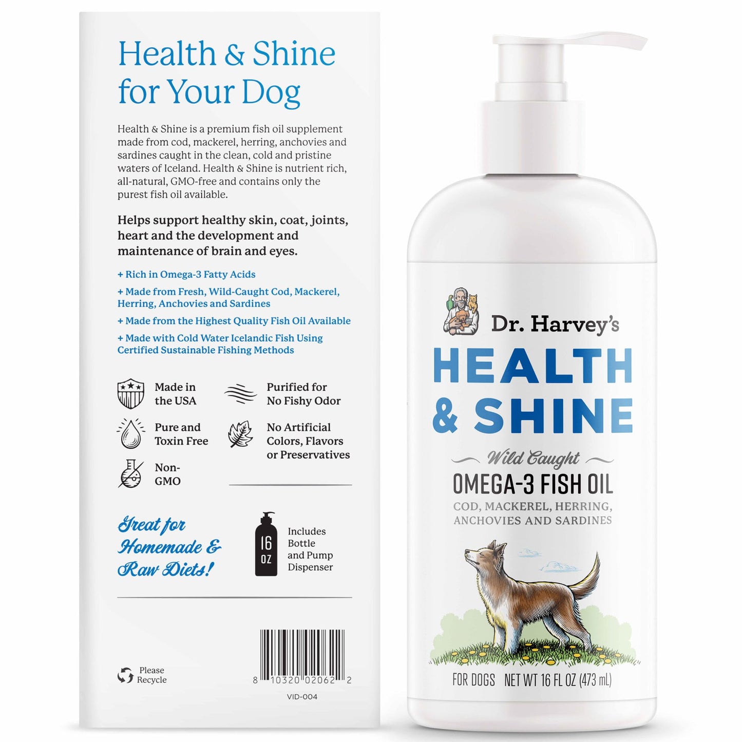 Dr. Harvey’s Health & Shine Omega 3 Fish Oil for Dogs from Wild Caught Cod, Mackerel, Herring, Anchovies and Sardines - Supports Beautiful Fur, Strong Joints and Itchy Allergy Relief (16 fl. oz.)