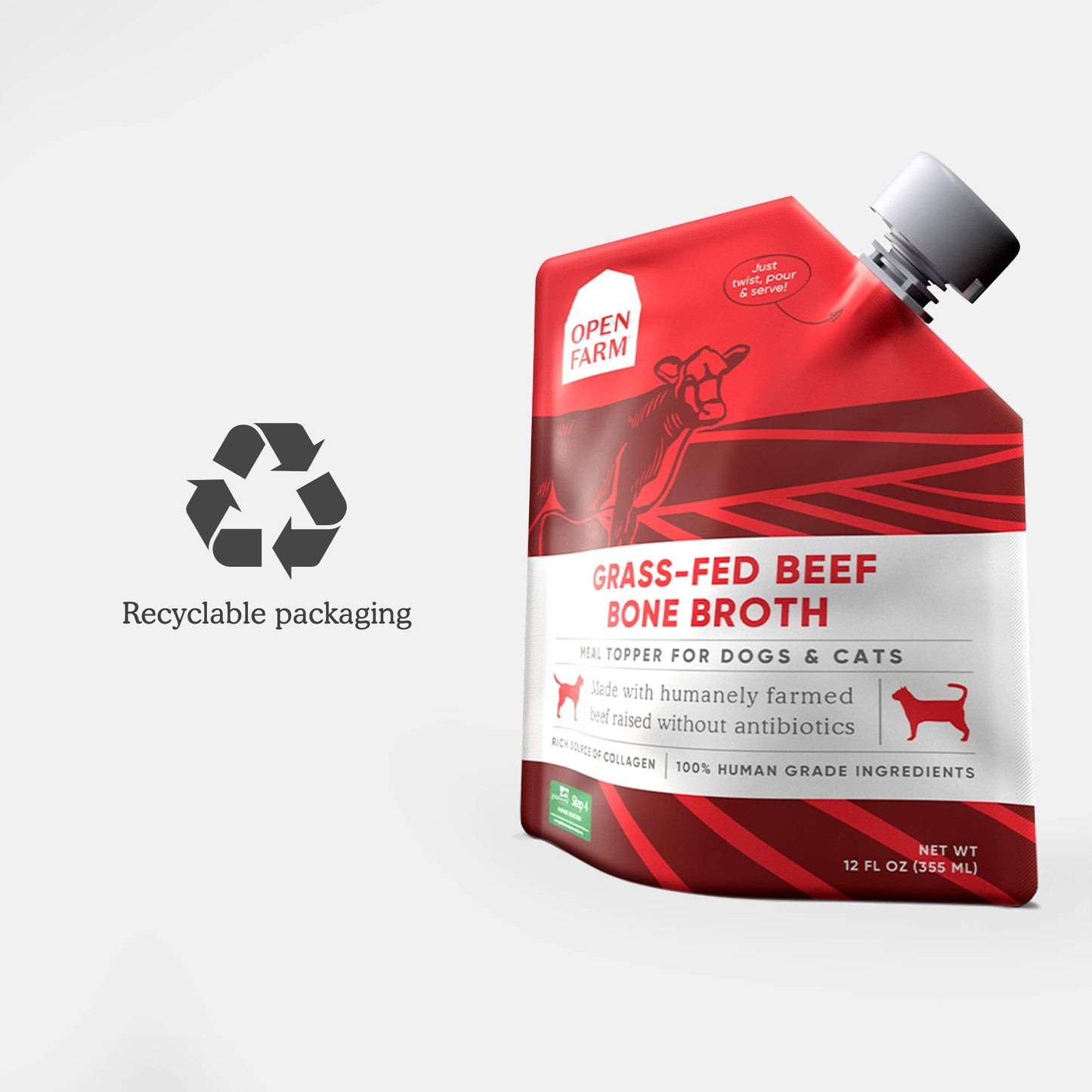 Open Farm Bone Broth, Food Topper for Both Dogs and Cats with Responsibly Sourced Meat and Superfoods Without Artificial Flavors or Preservatives, 12oz (Grass-Fed Beef)