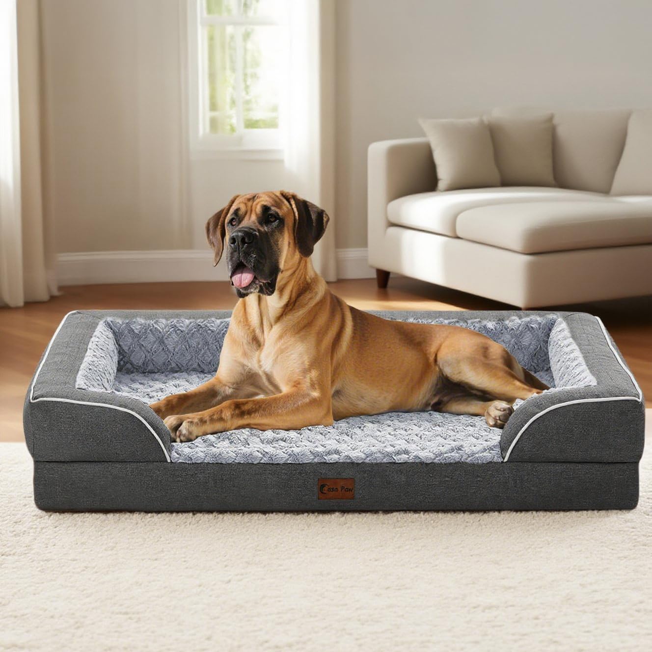 Casa Paw Orthopedic XL Dog Bed for Extra Large Dogs, Waterproof Memory Foam Dog Beds with Sides, Non-Slip Bottom and Egg-Crate Foam Big Dog Couch Bed with Removable Washable Cover(X-Large,Dark Grey)