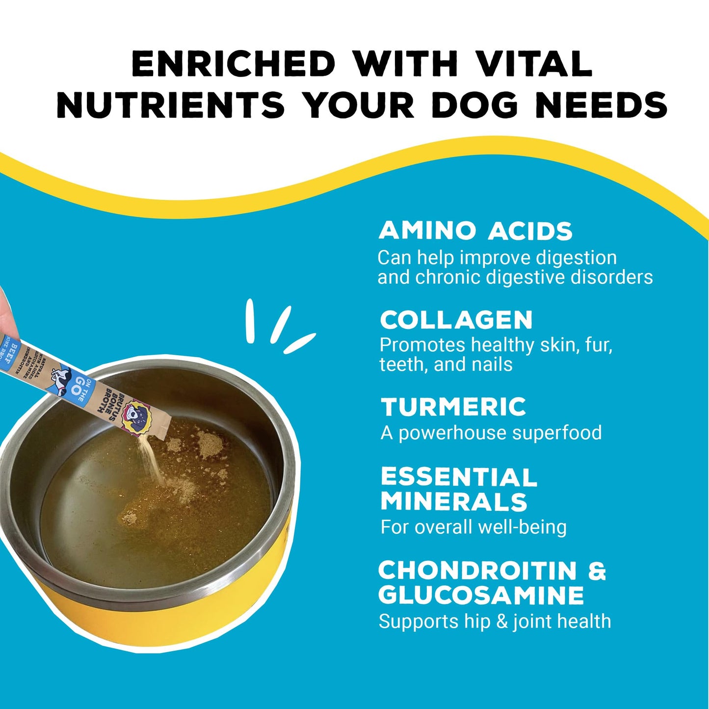 Brutus Bone Broth for Dogs - Bone Broth Powder with Chondroitin Glucosamine & Turmeric - Human Grade Food Toppers for Dry Food & Picky Eaters - 5 Stick (Beef)