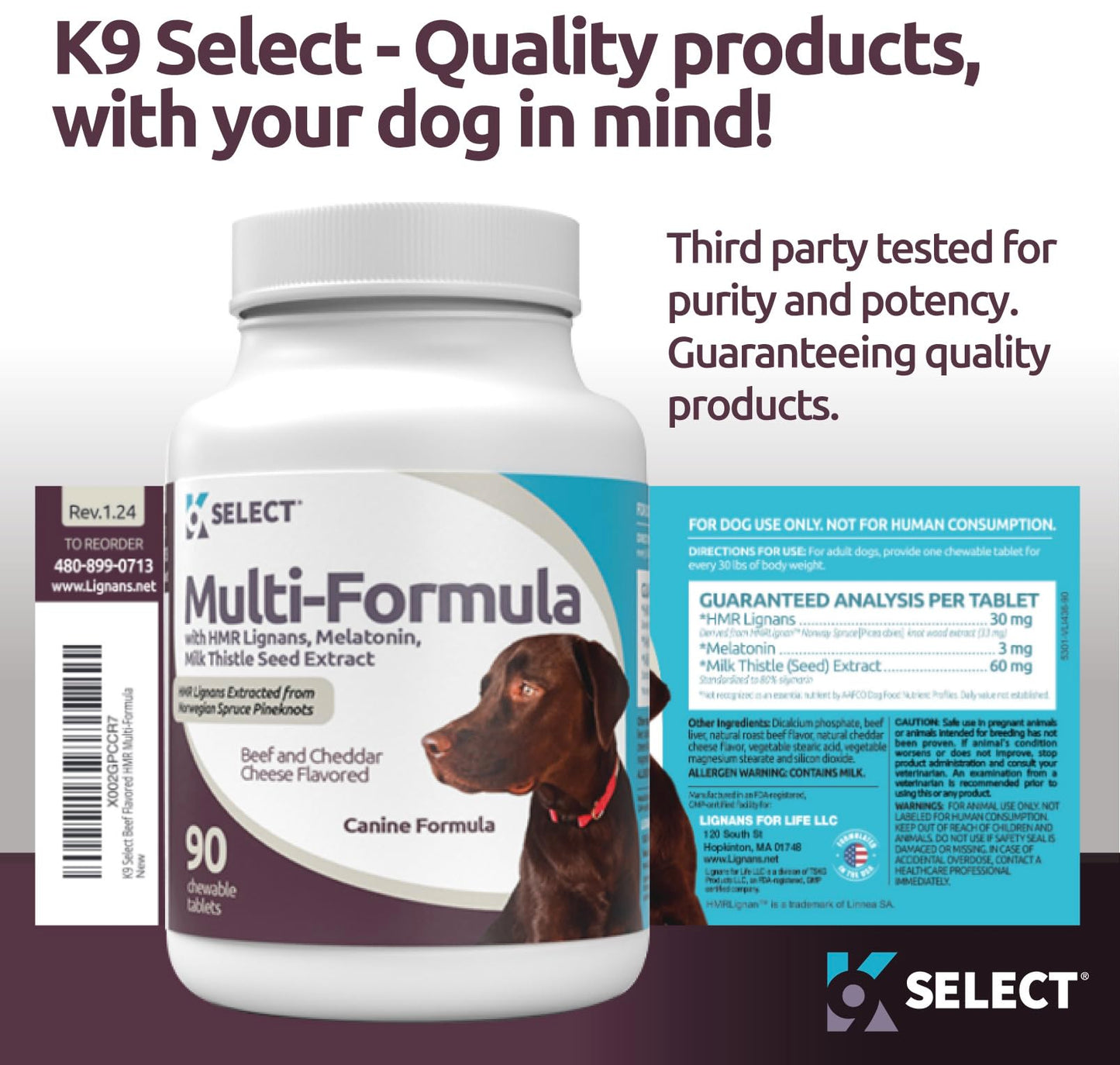 K9 Select Multi-Formula Dog Vitamins for Large Dogs - 30mg HMR Lignans, 3mg Melatonin, 60mg Milk Thistle - Helps Heart, Liver, Digestion, Skin & Coat Health, Dog Multivitamin, 90 Tablets, Beef Flavor