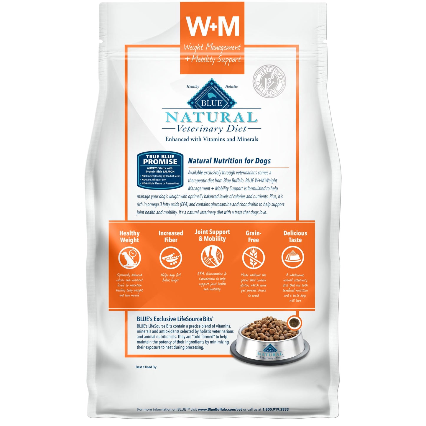 Blue Buffalo Natural Veterinary Diet W+M Weight Management + Mobility Support Dry Dog Food, Veterinarian Prescription Required, Salmon, 6-lb. Bag