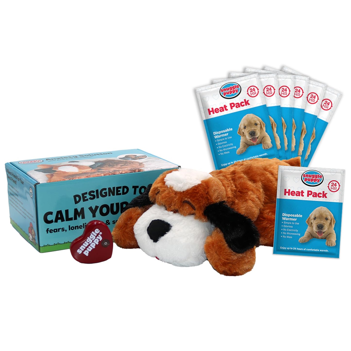 Original Snuggle Puppy Toys - Heartbeat Puppy for Dogs - Pet Anxiety Relief and Calming Aid - Comfort Dog Toys for Behavioral Training - Plus 6 Heat Packs
