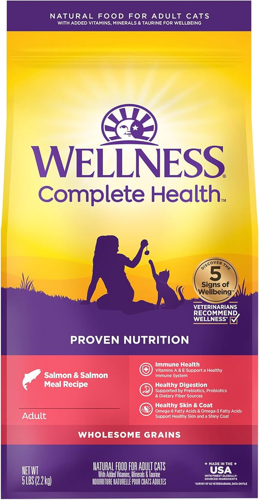 Wellness Complete Health Adult Dry Cat Food for Indoor and Outdoor Cats, Wholesome Grains, Natural, Salmon & Salmon Meal (5 Pound Bag)