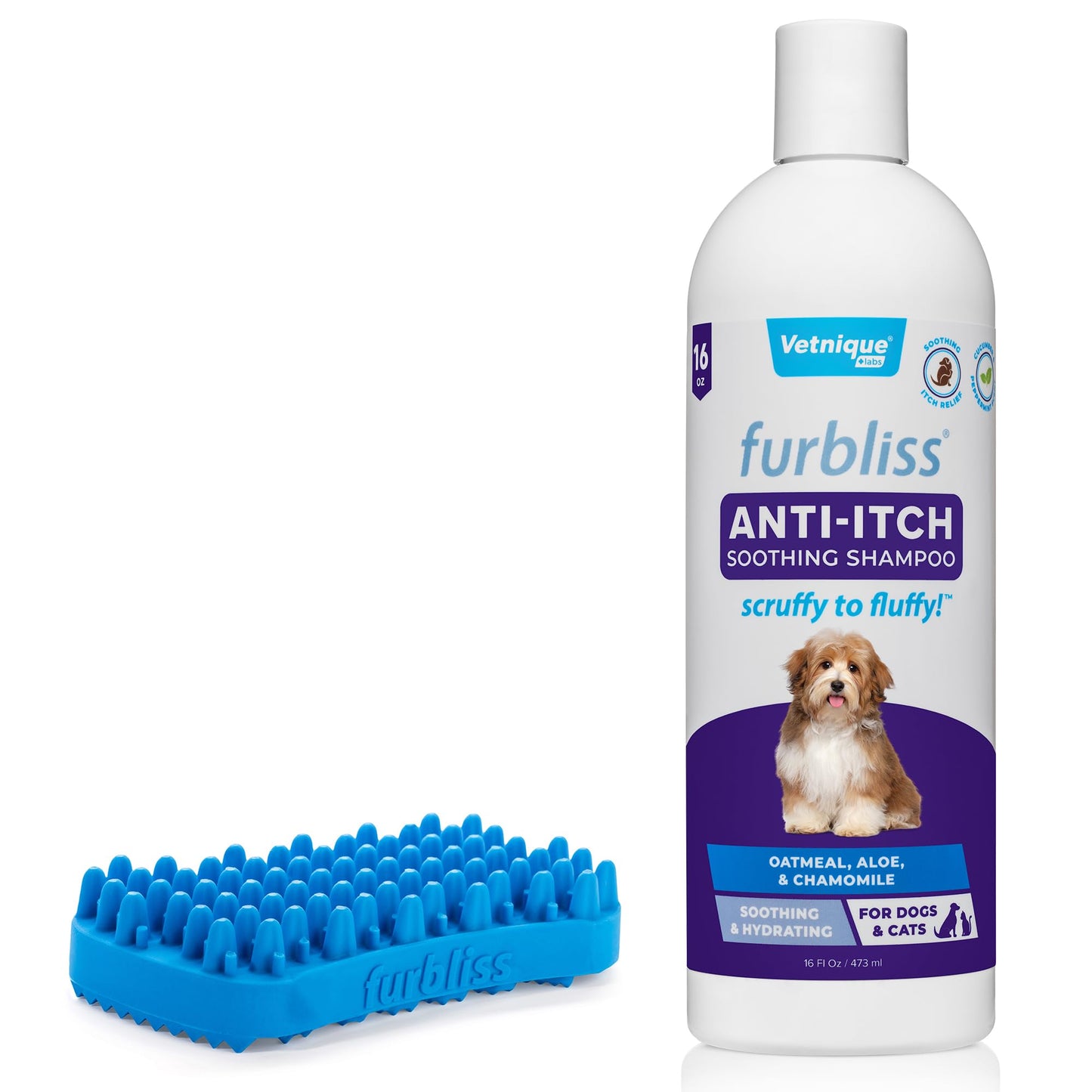 Vetnique Labs Furbliss Anti-Itch Soothing Oatmeal Shampoo 16oz & Furbliss Blue Brush for Short Hair Pets Bundle Anti-Itch Oatmeal Shampoo for Dogs with Dog Deshedding Brush for Short Hair Dogs & Cats