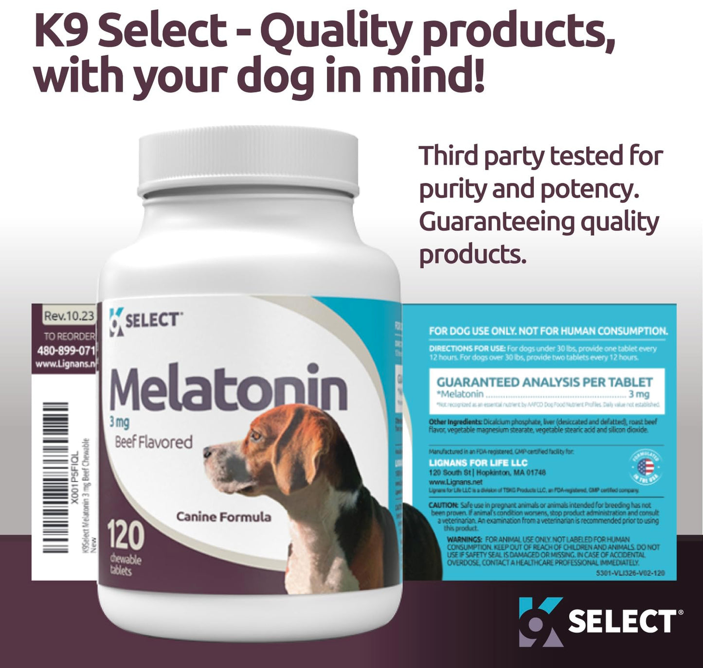 K9 Select Multi-Formula Dog Supplement Bundle: 90 Peanut Butter Chewable Tabs (10mg HMR Lignans, 1mg Melatonin, 20mg Milk Thistle) & Melatonin for Dogs (3 mg, 120 Beef Flavored Tablets), Small Breeds
