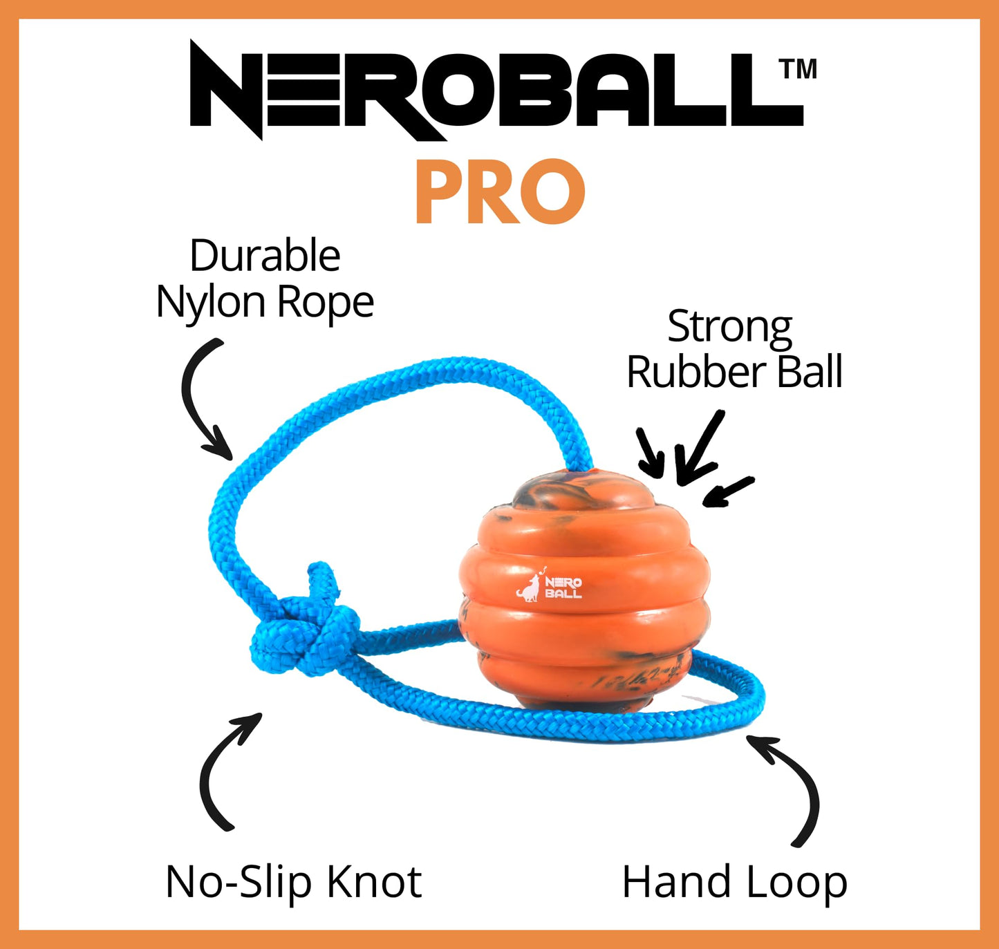 Nero Ball Pro K-9 Dog Training Ball on Rope – 2.75″ Heavy-Duty Natural Rubber Reward & Tug Toy with Nylon Throw Handle – High-Visibility Orange – Police, Military & Sport Working Dogs Fetch
