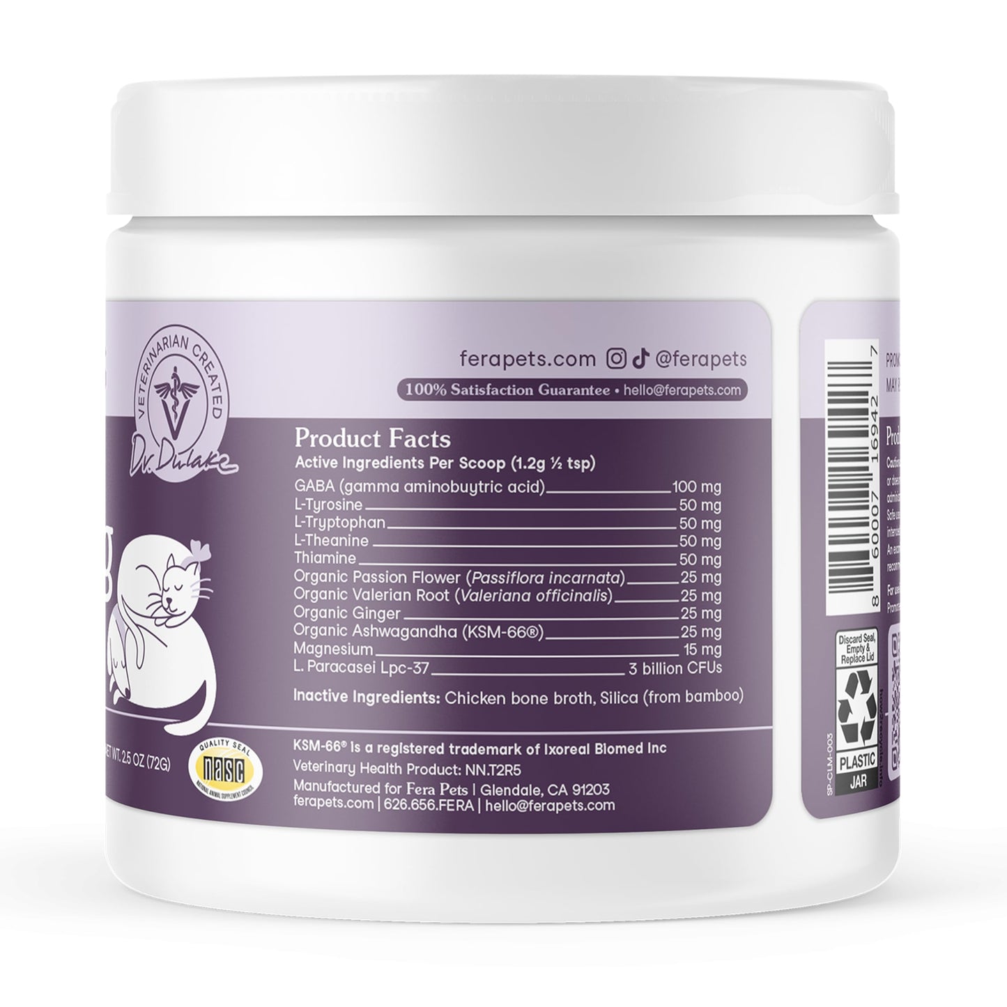 Fera Pets Calming Supplement for Dogs & Cats with Probiotics, L-Theanine, and Ashwagandha - Supports Anxiety Relief - Promotes Relaxation - 60 Scoops
