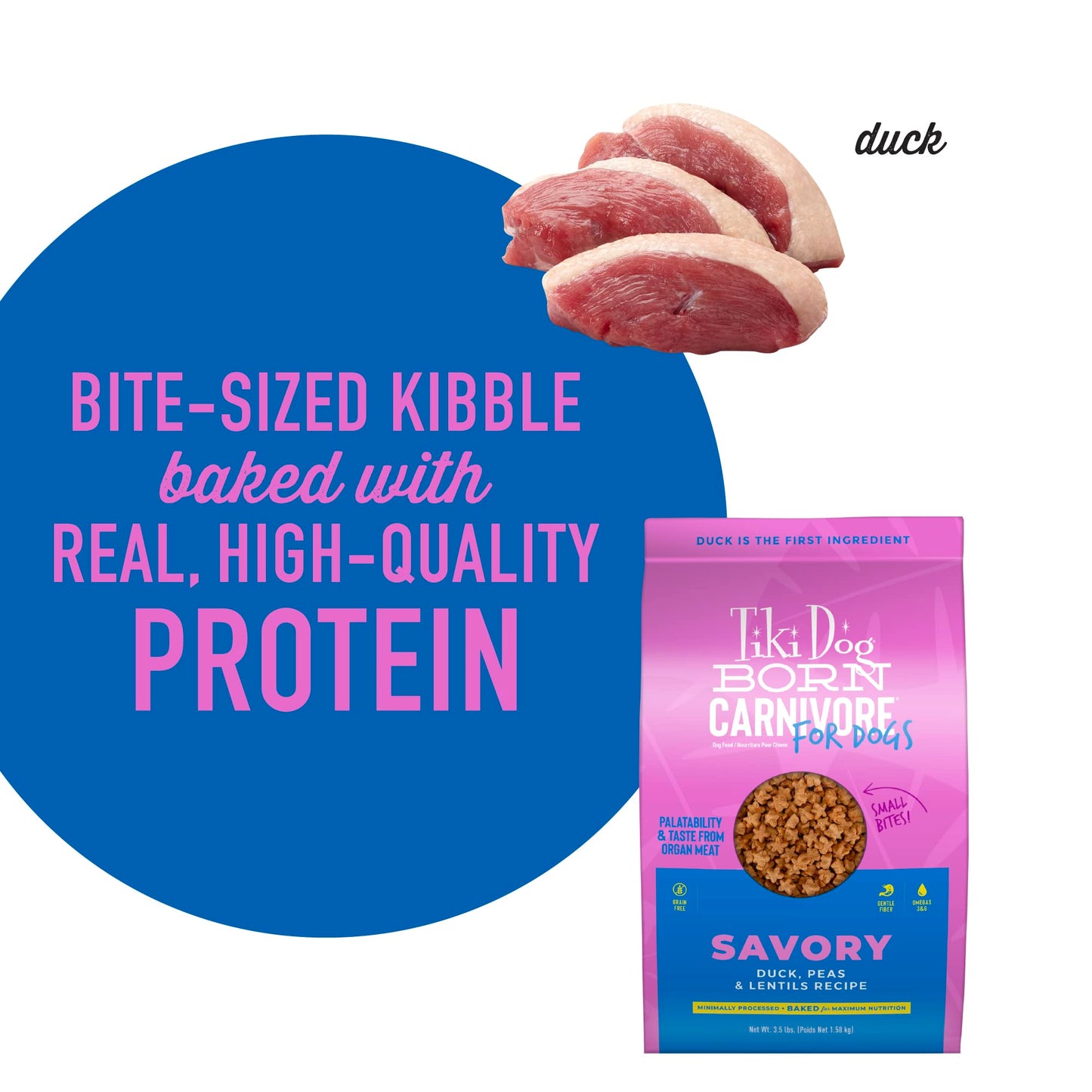 Tiki Dog Born Carnivore for Dogs, Savory Duck, Peas & Lentils Recipe, Grain Free Baked Kibble for Maximum Nutrition, For Adult Dogs and All Size Breed Dogs, 3.5 lbs Bag(Pack of 1)