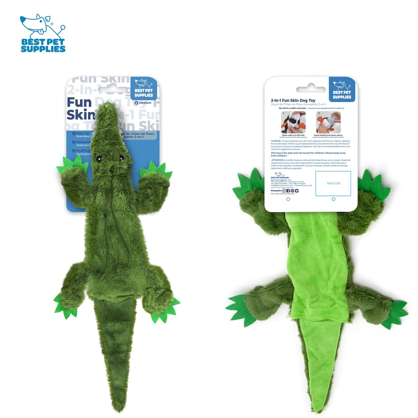 Best Pet Supplies 2-in-1 Stuffless Squeaky Dog Toys with Soft, Durable Fabric for Small, Medium, and Large Pets, No Stuffing for Indoor Play, Holds a Plastic Bottle - Alligator, Large (Pack of 3)