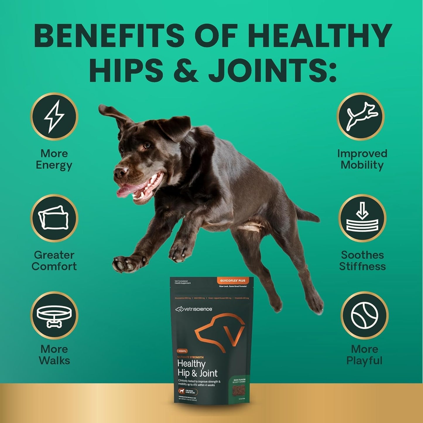 VetriScience Ultimate Strength Healthy Hip & Joint Chews, GlycoFlex Glucosamine, Chondroitin and Green-Lipped Mussel Joint Support Supplement for Dogs, Soothe Discomfort, Bacon, 60 Chews