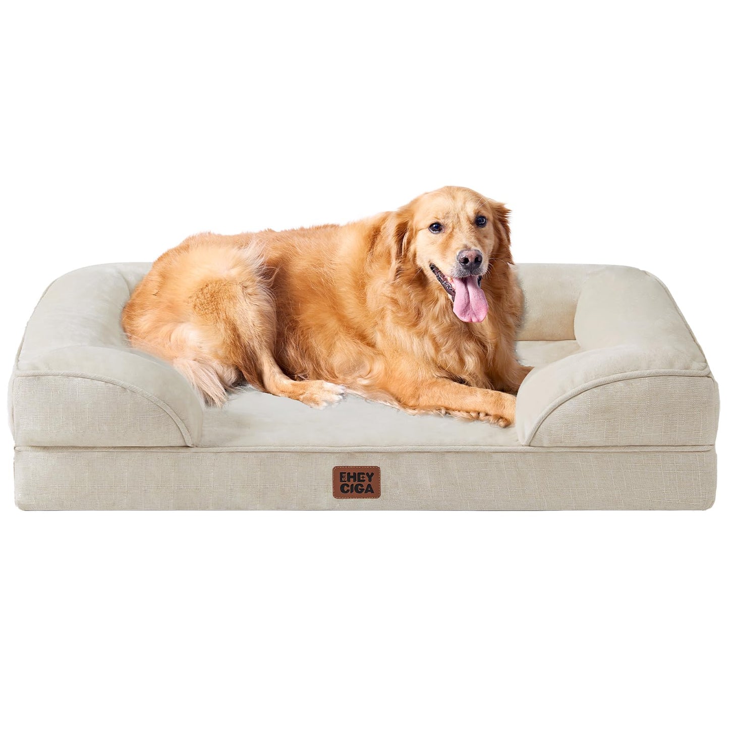 EHEYCIGA Orthopedic Dog Beds for Extra Large Dogs, Waterproof Memory Foam XL Pet Bed with Sides, Non-Slip Bottom and Egg-Crate Foam Big Dog Couch Bed with Washable Removable Cover, Beige