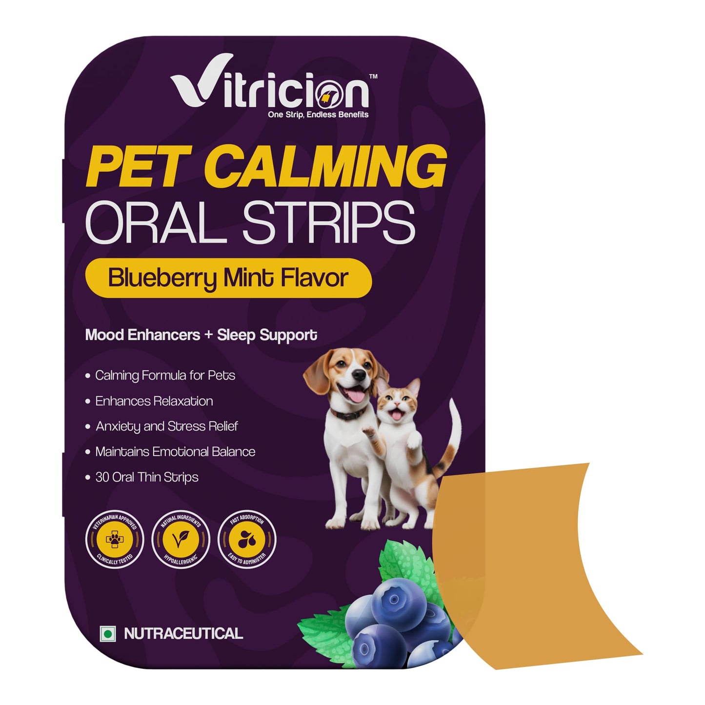 Vitricion Pet Calming with Skin & Coat Health Oral Strips – 60 Fast-Acting Strips for Dogs & Cats Anxiety Support with Melatonin & L-Theanine and Omega-3 & Biotin for Itching & Shedding