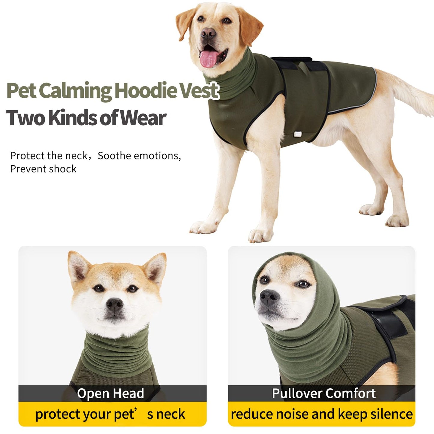 Dog Calming Hoodie Vest, Breathable Anxiety Jacket with Head Cover for Anxiety Relief and Ear Protection, Adjustable Harness with Soft Hoodie for Dogs (Green, X-Small)