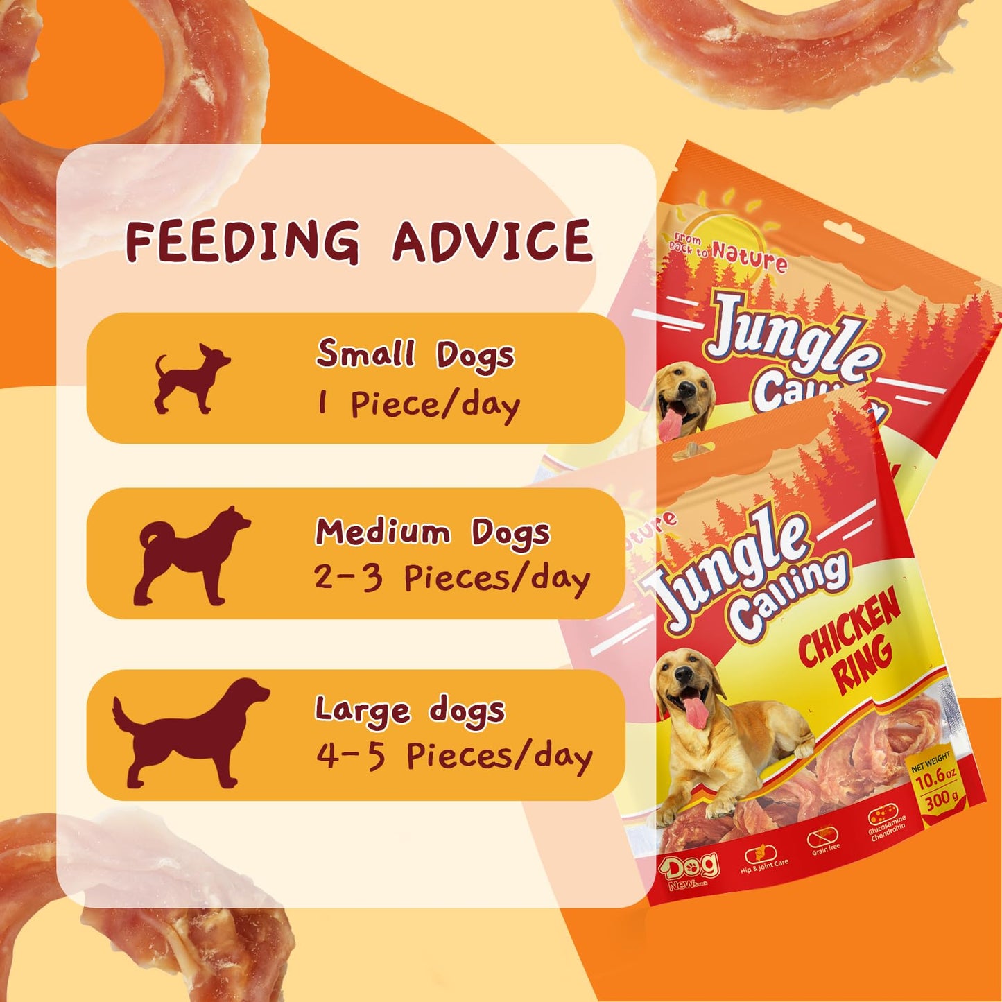 Jungle Calling Chicken Rings Dog Treats, Slow Roasted Chicken Jerky, Rawhide Free Dog Chews, High Protein Training Treats, Hip and Joint Health with Glucosamine, 10.6 oz