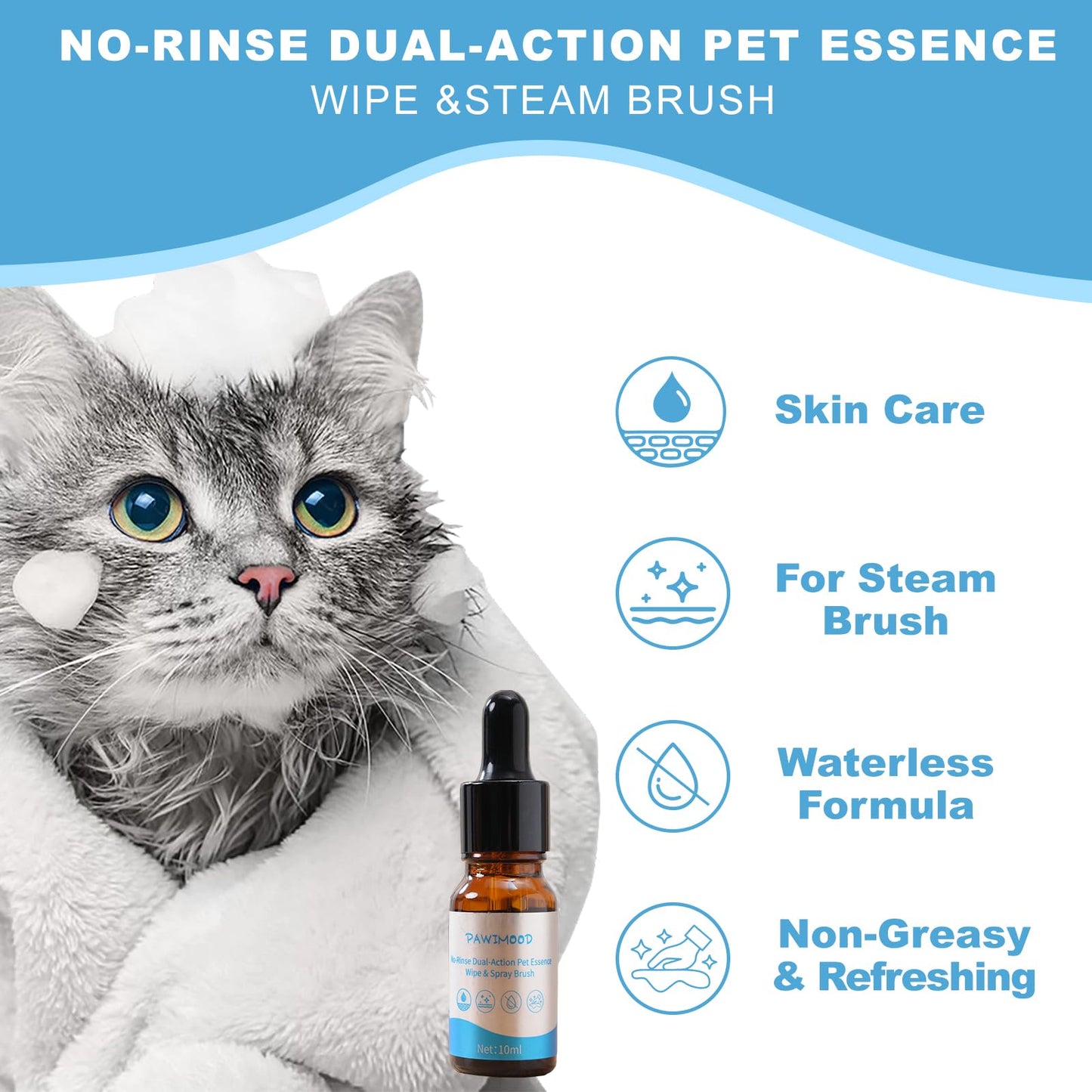 Pawimood No-Rinse Pet Shampoo & Conditioner Essence for Dogs & Cats, Dilute Before Use, for Small/Medium Pets, Soothes Skin, Hydrates Coat, Pomegranate Scent, Suitable for Pet Steam Brushes