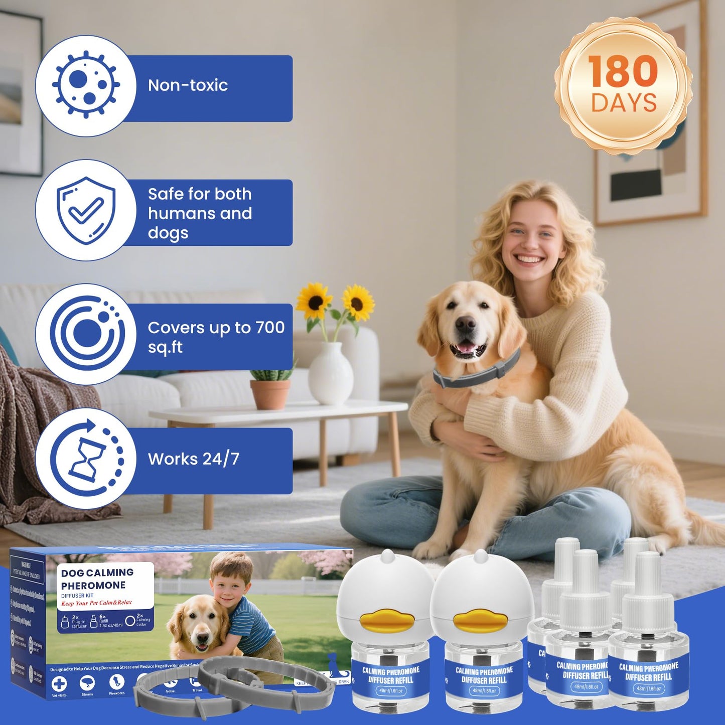 Tailwagpet Dog Calming Diffuser, Relaxing Pheromone for Dogs Relief Stress Reduce Barking Aggression Scratching（2 Diffuser + 6 Refills + 2 Calming Collars）