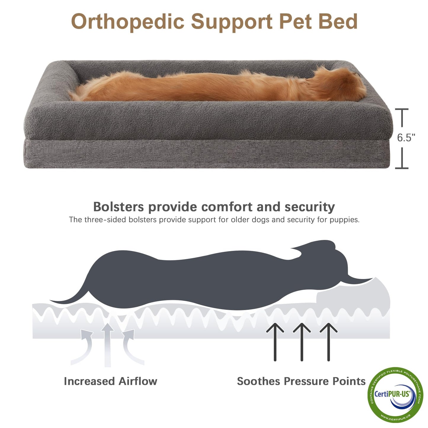 RRPETHOME Washable Dog Beds Large Sized Dog Couch, Extra Large Orthopedic Dogs Beds with Removable Cover, Waterproof Pet Bed with Bolsters, Pet Crate Bed with Non Slip Bottom, XL, Grey