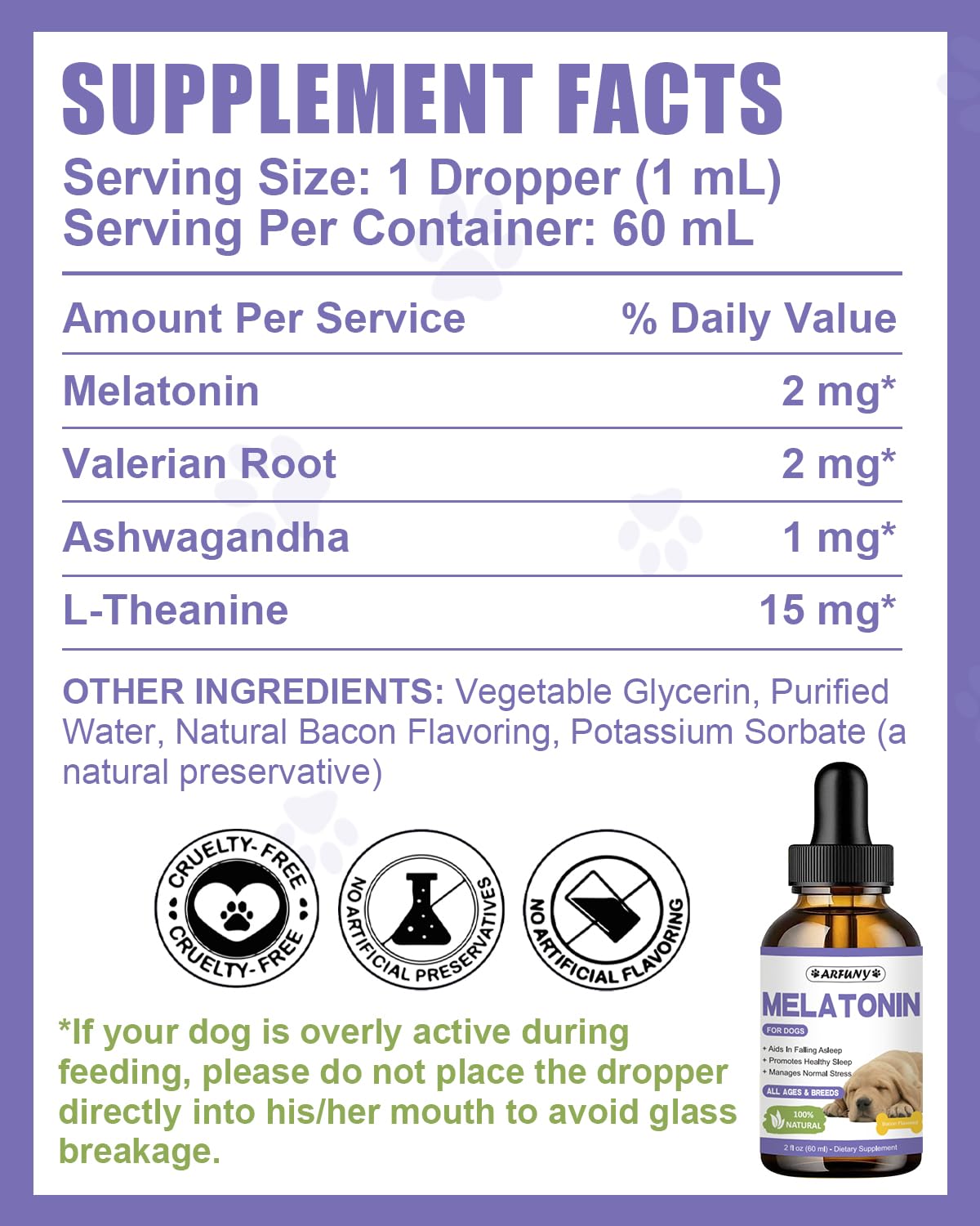 Melatonin for Dogs - Natural Calming Drops for Anxiety & Stress - with Valerian Root, Ashwagandha, L-Theanine - Liquid Melatonin for Dogs Helps with Sleep, Thunder, Fireworks - Bacon Flavor