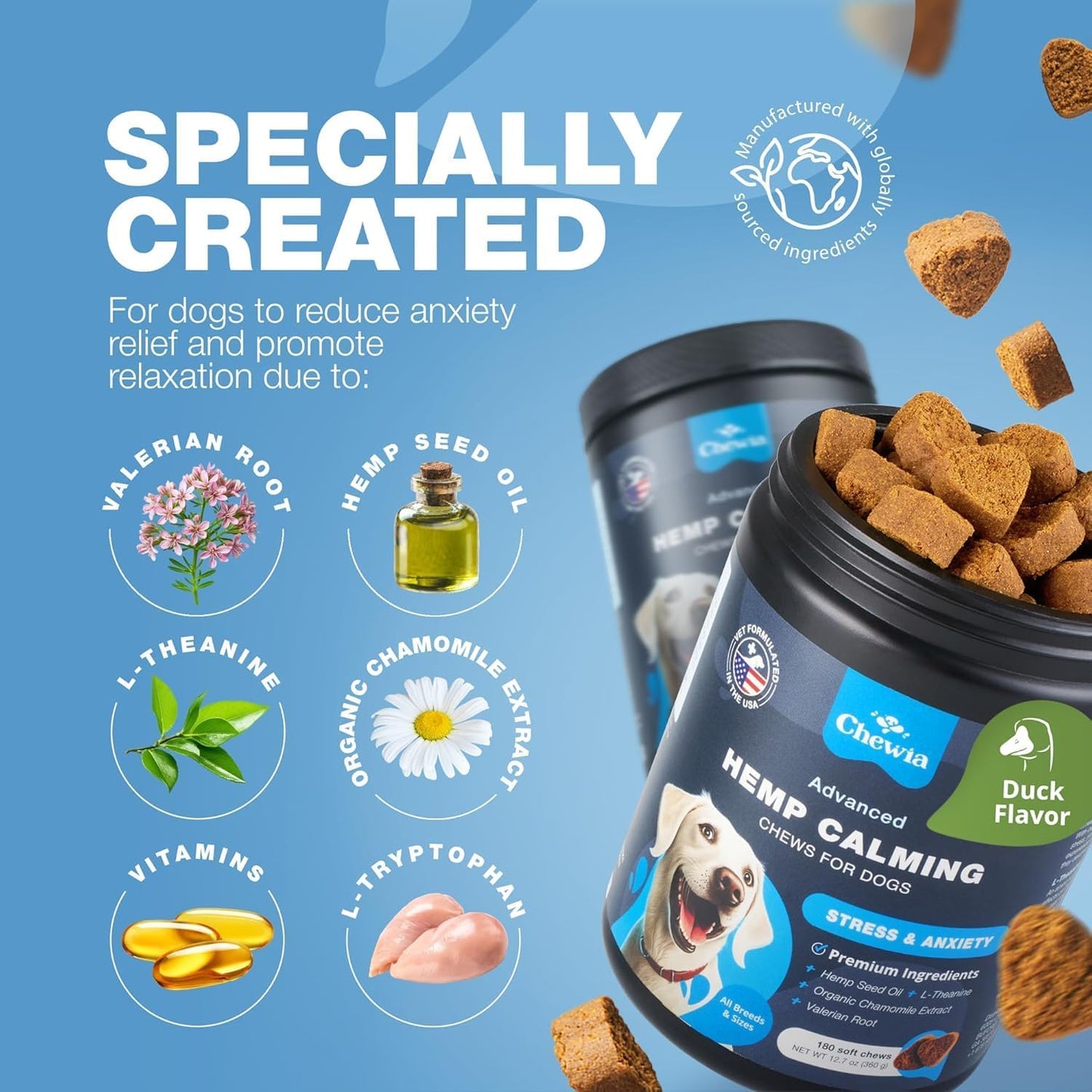 Soft Calming Chews for Dogs - Calming Chews for Dogs with Valerian Root, Melatonin, Vitamin B Complex & Chamomile Extract - Canine Treats for Fireworks, Grooming, Vet Visits, Thunderstorms
