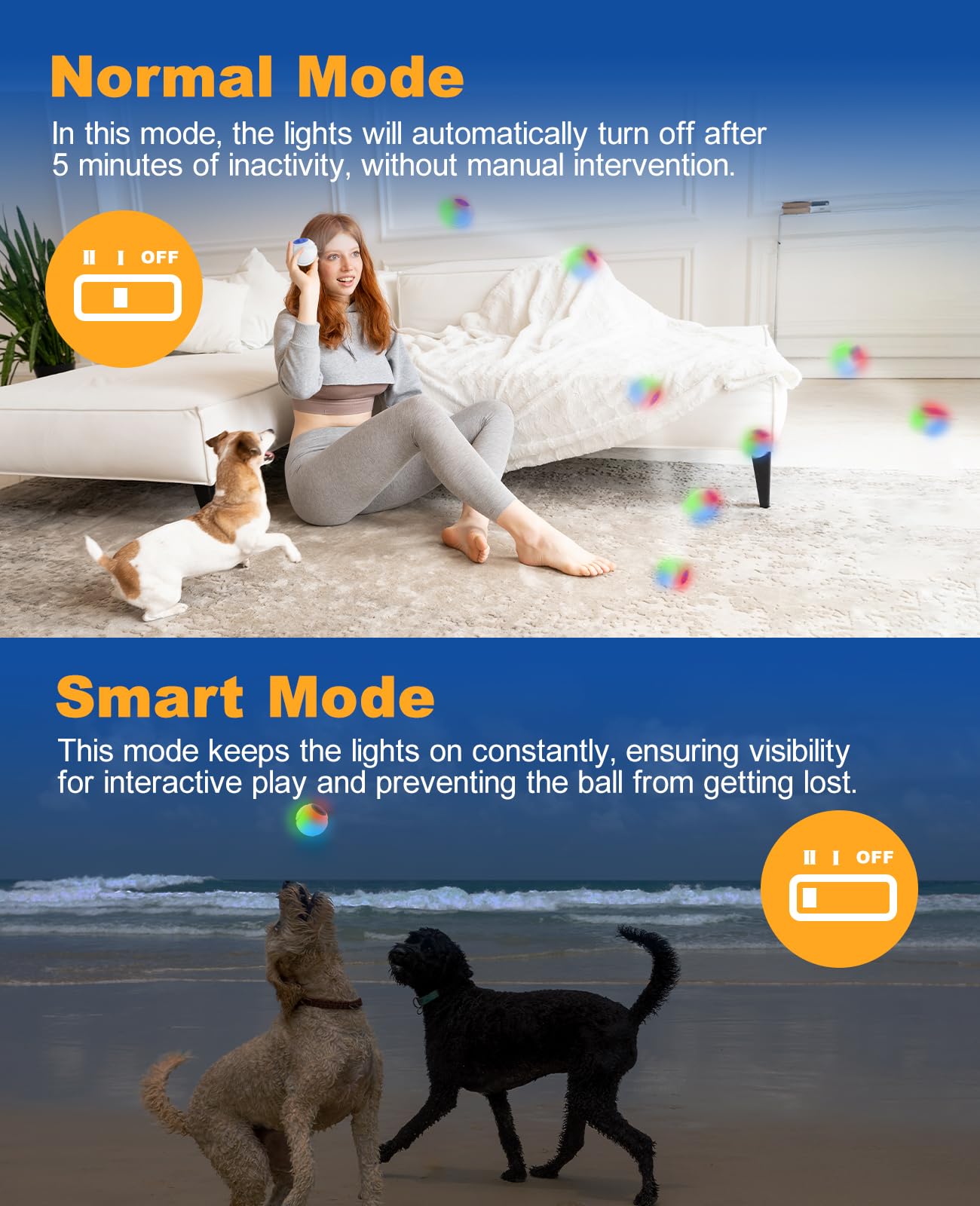 Xeuch Light Up Dog Balls, LED Dog Toy Ball Rechargeable, Bounce-Activated Durable Fetch Ball Grow in The Dark, Night Glowing Dogs Toys, Natural Rubber, Color Changing LED, 2.5 inches-Blue