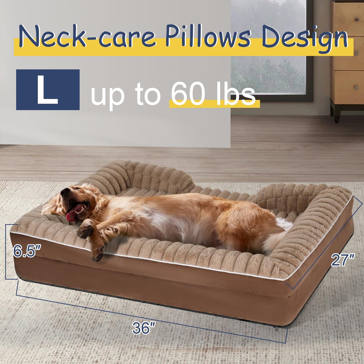 Orthopedic Dog Bed for Large Medium Sized, Washable Memory Foam Large Dog Bed Premium Soft Corduroy Fleece, Durable Medium Pet Sofa with Removable Cover, Washable Waterproof Pet Couch Beds(Brown,L)